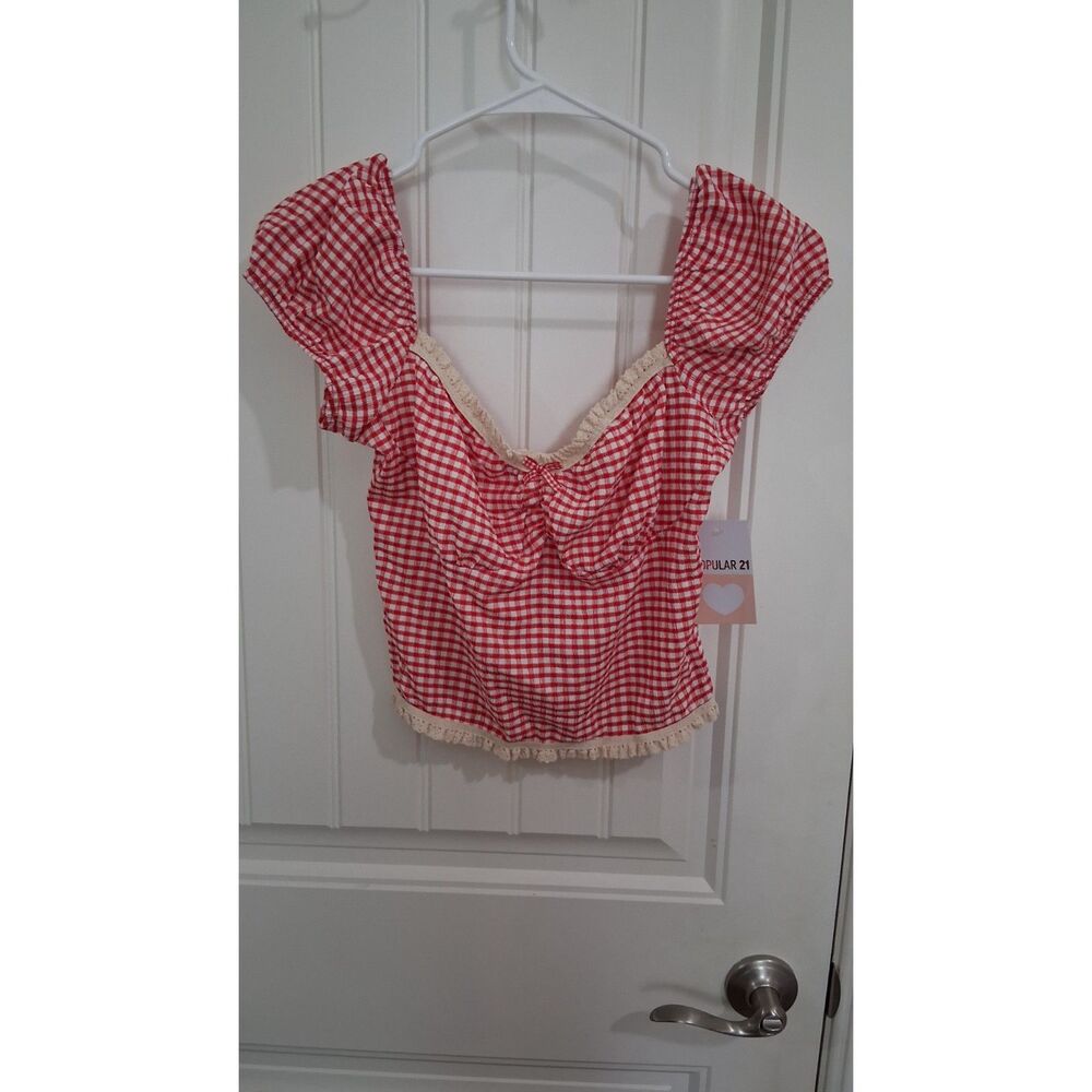 Popular 21 Women’s Large Red White Gingham Crop Top Puff Sleeve Lace Trim NWT